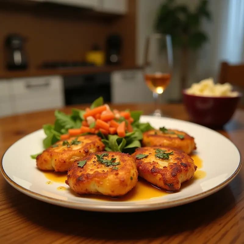 Brochetas de pollo dorado marinado en cúrcuma y miel, servidas sobre una ensalada fresca de rúcula, tomates cherry y cebolla morada con vinagreta de limón. Plato bajo en calorías cocinado en airfryer.