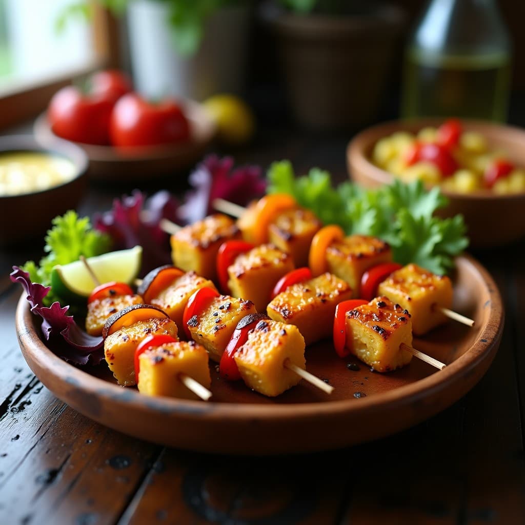 Brochetas de pollo dorado marinado en leche de tigre, alternado con trozos de pimiento rojo y amarillo asado, servidas sobre un plato de madera con hojas de lechuga morada y rodajas de limón verde. Receta fusion peruano-española en airfryer.