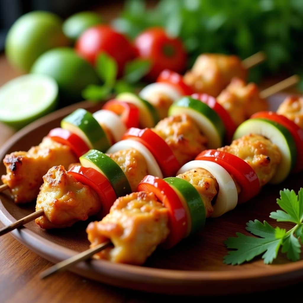 Brochetas de pollo dorado marinadas en lulo y cilantro, con trozos de pimiento rojo y cebolla blanca, servidas sobre un plato de madera rústico con fondo de hojas de cilantro fresco. Receta colombiana en airfryer.