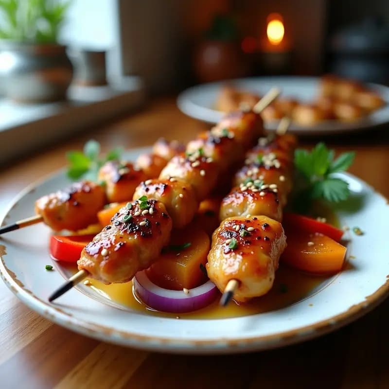 Brochetas de pollo doradas al Marmite y miel con semillas de sésamo, acompañadas de trozos de pimiento rojo y cebolla morada, servidas sobre un plato blanco rústico con fondo de cocina moderna.