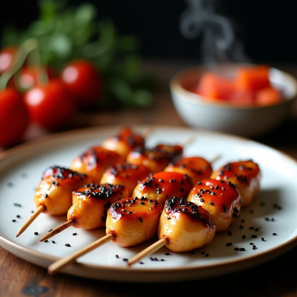 Brochetas de pollo dorado marinado en miso y miel, con glaseado brillante y semillas de sésamo negro, acompañadas de trozos de cebolla morada y pimiento rojo asado, sobre un plato de cerámica blanca con fondo oscuro.