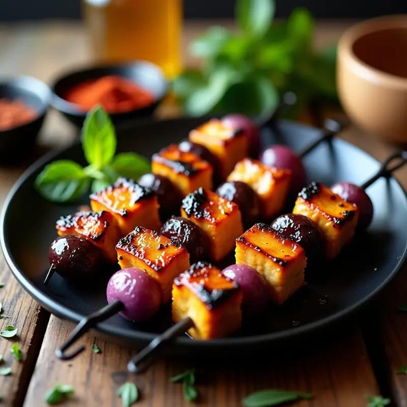 Brochetas marroquíes de pollo dorado con prunes caramelizados y trozos de cebolla morada, asadas en parrilla, con especias Ras el Hanout visibles, servidas sobre un plato de barro con fondo de cuscús y hierbas frescas.