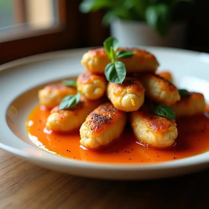 Brochetas de pollo dorado al romesco con higos frescos abiertos en un plato de barro rústico, bañadas en salsa romesco cremosa y un hilo de miel, sobre fondo de madera oscura con hierbas frescas.