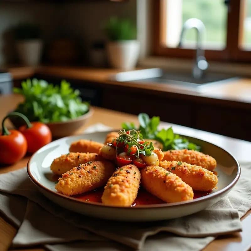 Brochetas de pollo al sachi con pimentón de piquillo en airfryer, doradas y jugosas, servidas sobre un plato blanco con semillas de sésamo espolvoreadas y salsa brillante.