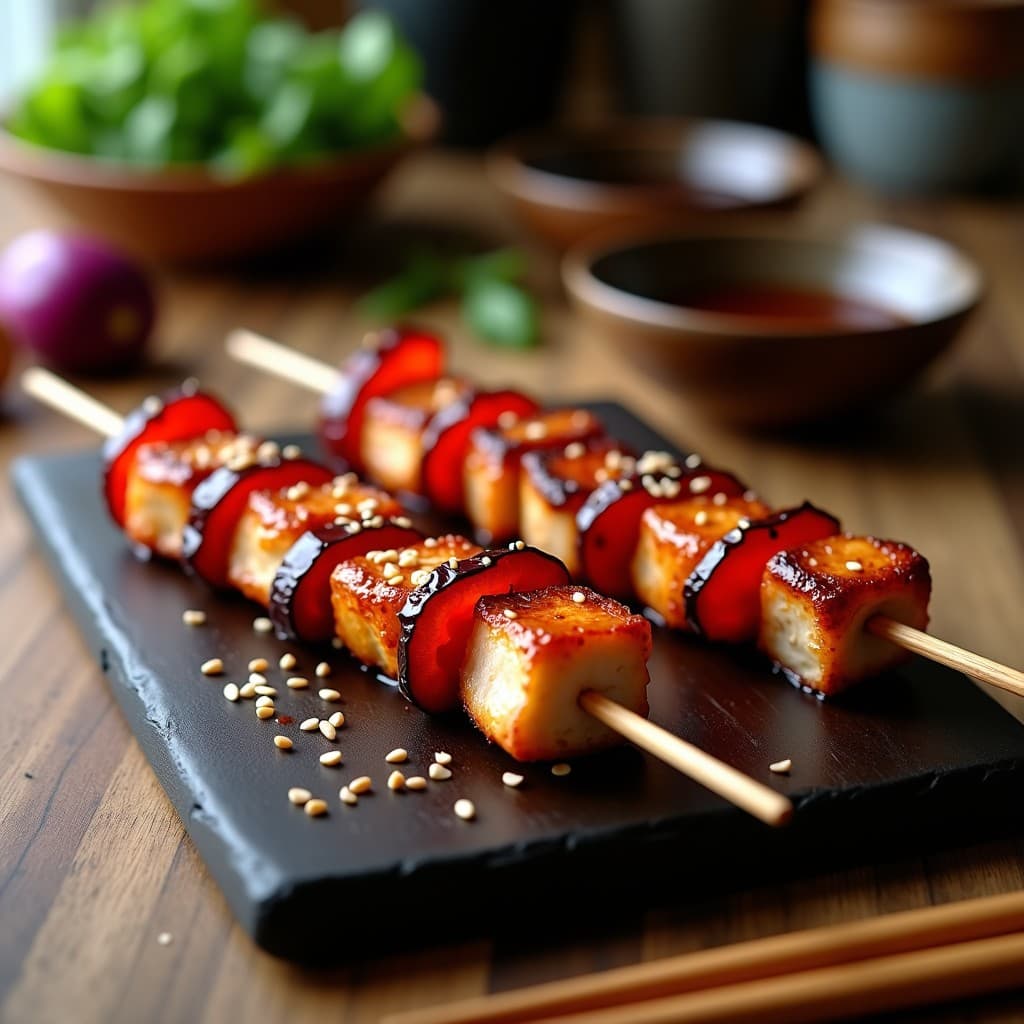 Brochetas de pollo doradas en airfryer con trozos de cebolla morada y pimiento rojo, espolvoreadas con semillas de sésamo, sobre fondo de madera rústica. Receta japonesa agridulce con sake y umeboshi.