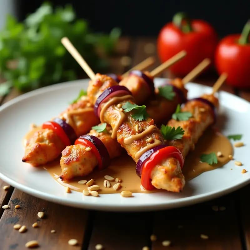 Brochetas de pollo satay con cacahuete en airfryer, receta malasia baja en calorías: trozos de pollo dorado y jugoso ensartados con cebolla morada y pimiento rojo, servidos con salsa cremosa de cacahuete y cilantro fresco espolvoreado.