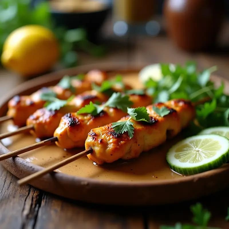 Brochetas de pollo al satay keto en grill con costra dorada, bañadas en salsa cremosa de cacahuete y decoradas con cilantro fresco y rodajas de pepino sobre una tabla de madera rústica. Receta indonesia baja en carbohidratos.
