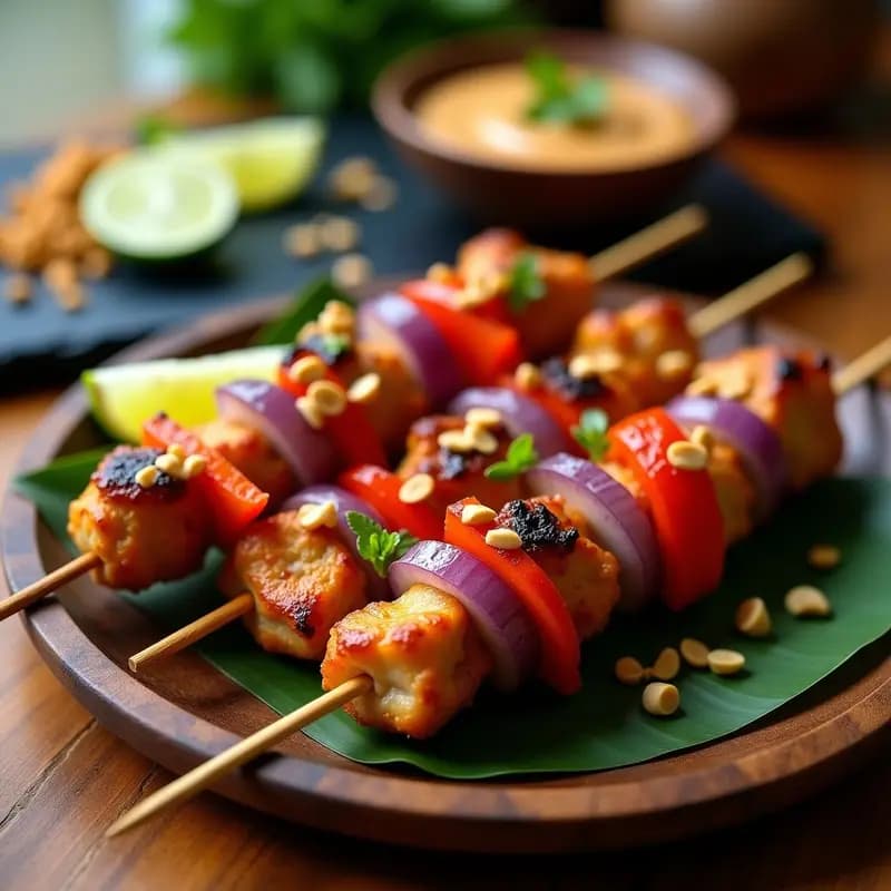 Brochetas de pollo sataé con cacahuetes en airfryer, doradas y jugosas, servidas en un plato de madera con salsa espesa de cacahuete y cilantro, acompañadas de rodajas de limón verde y cacahuetes tostados espolvoreados.