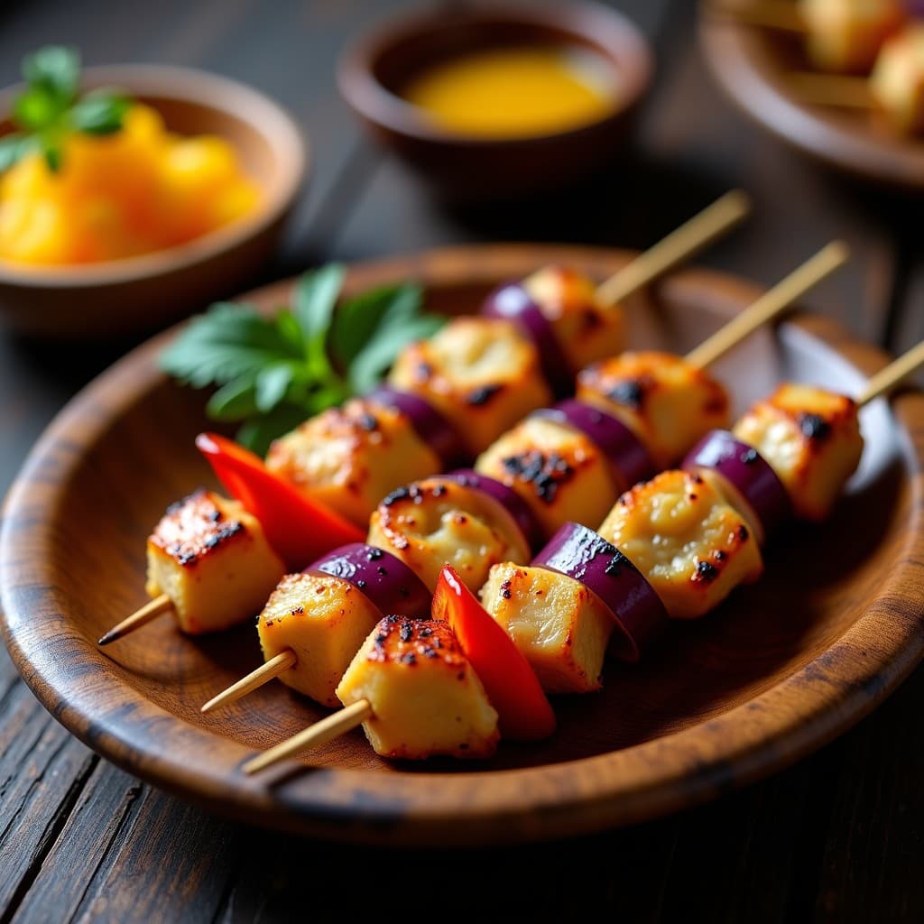 Brochetas de pollo al sativá doradas en grill, con trozos de cebolla morada y pimiento rojo, servidas sobre plato de madera con vinagreta de granadilla en recipiente aparte.