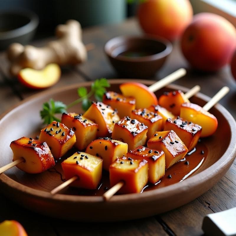 Brochetas doradas de pollo teriyaki y durazno en almíbar, espolvoreadas con sésamo negro sobre un plato de madera rústico, con un fondo borroso de ingredientes como jengibre y salsa de soja.