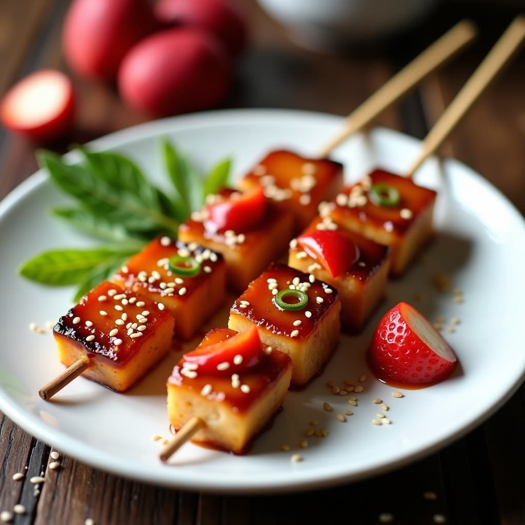 Brochetas de pollo teriyaki y lichi en olla express, con trozos de pollo dorado, lichis brillantes y semillas de sésamo espolvoreadas, servidas sobre un plato blanco con fondo de madera oscura.