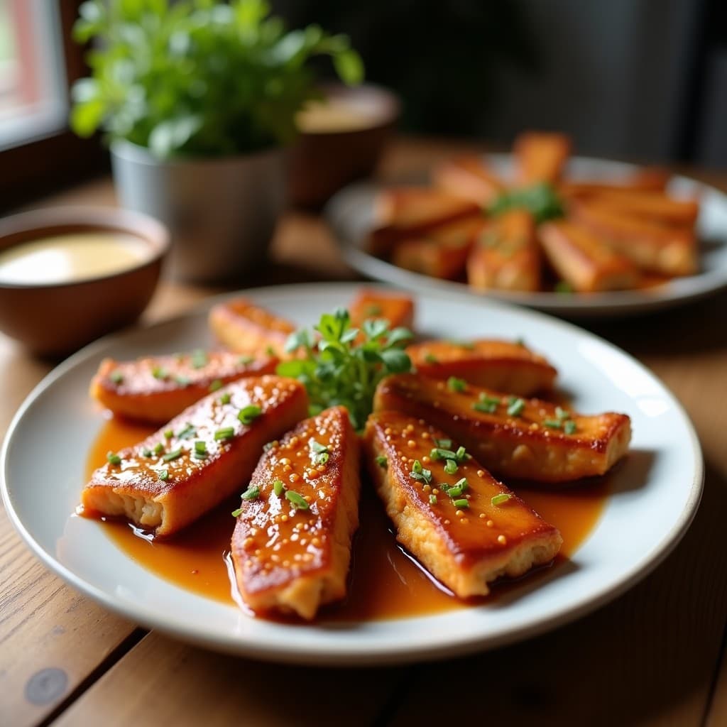 Brochetas de pollo teriyaki y melocotón asadas al grill, con marcas doradas y semillas de sésamo negro espolvoreadas. Servidas sobre una tabla de madera con cebollino fresco y un bol de salsa teriyaki brillante al lado. Receta japonesa dulce-salada.