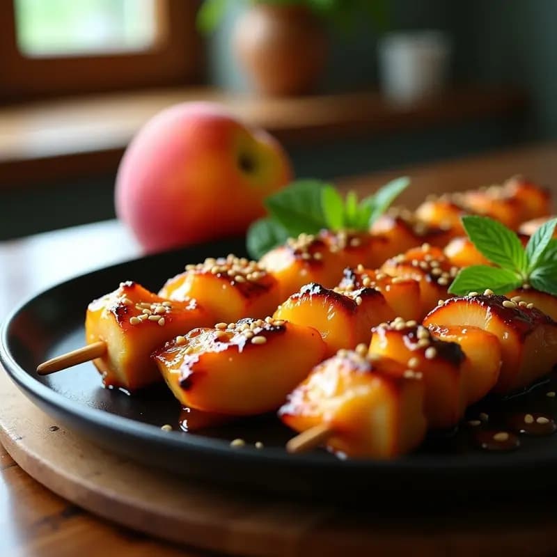 Brochetas doradas de pollo teriyaki y melocotón caramelizado con glaseado brillante de miel y wasabi, espolvoreadas con sésamo tostado, servidas en tabla de madera oscura con hojas de menta y chorrito de salsa. Receta viral dulce picante.
