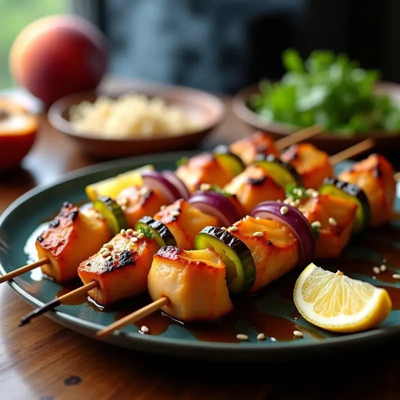 Brochetas de pollo teriyaki y melocotón a la parrilla con glaseado brillante, semillas de sésamo y rodajas de limón, sobre fondo de madera rústica con humo de parrilla.