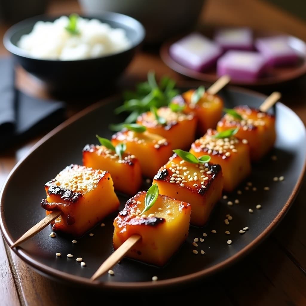 Brochetas de pollo teriyaki con piña caramelizada servidas en plato de madera oscuro, glaseadas con salsa brillante y espolvoreadas con semillas de sésamo, acompañadas de rodajas de cebolla morada asada y arroz blanco al fondo.