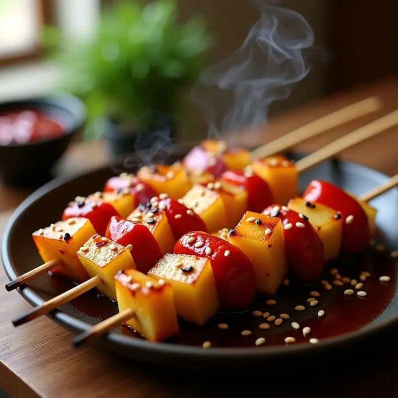 Brochetas doradas de pollo teriyaki con trozos de piña caramelizada y pimiento rojo asado, bañadas en salsa teriyaki brillante y espolvoreadas con semillas de sésamo, servidas sobre una parrilla de hierro con fondo desenfocado.