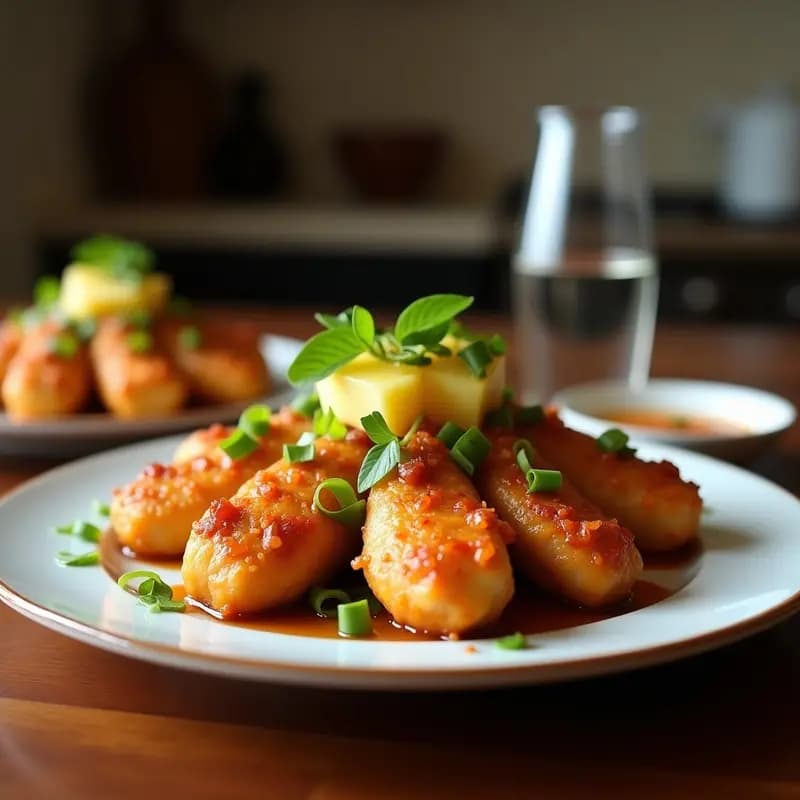 Brochetas de pollo yakitori y piña doradas en airfryer, con semillas de sésamo espolvoreadas, servidas sobre un plato blanco con fondo de madera rústica y hierbas frescas.