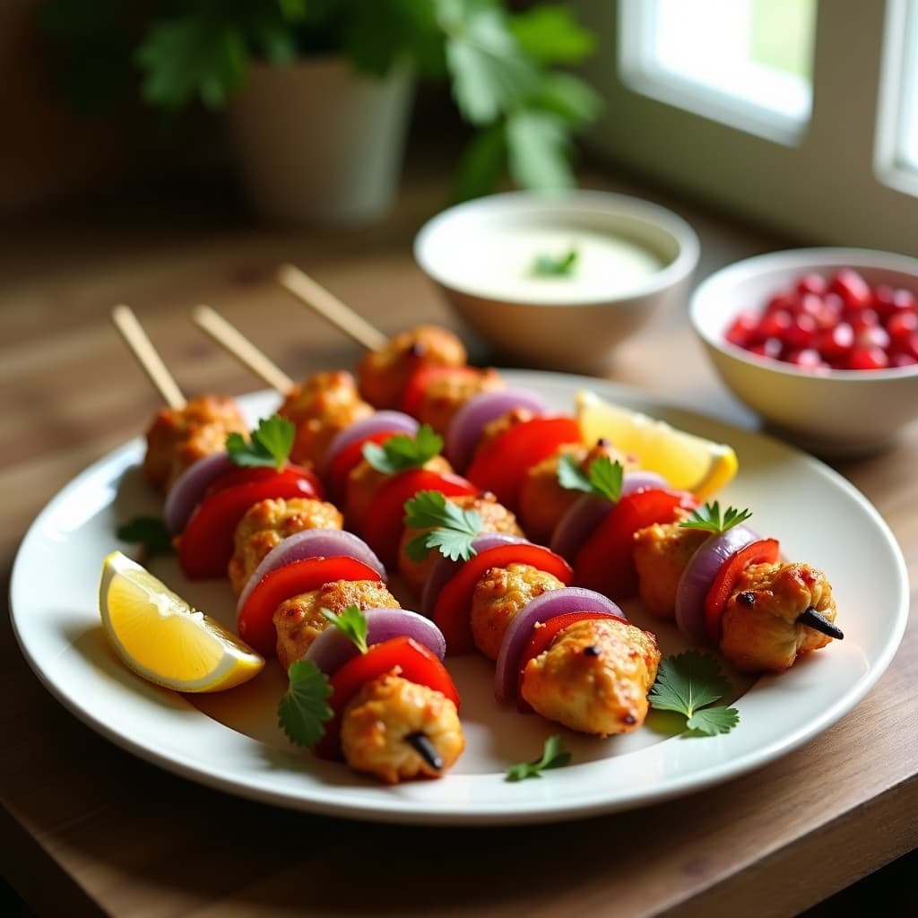 Brochetas de pollo marinado en yogur y especias persas doradas en airfryer, con trozos de cebolla morada y pimiento rojo, servidas sobre un plato de cerámica blanca con rodajas de limón y hojas de cilantro fresco.