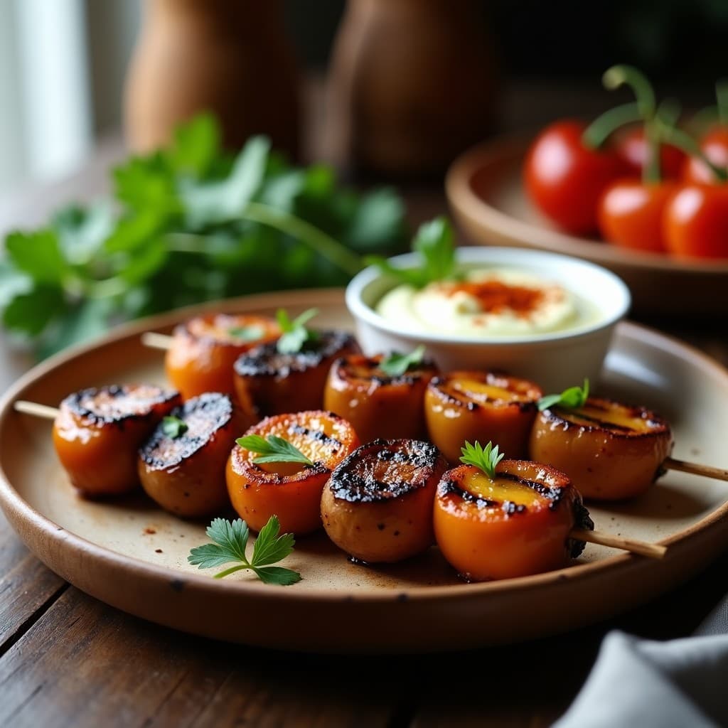 Brochetas veganas de hongo portobello y pimiento del padrón doradas en airfryer, servidas en plato de madera con alioli de ajo negro cremoso en bol aparte, decoradas con pimentón ahumado y perejil fresco.