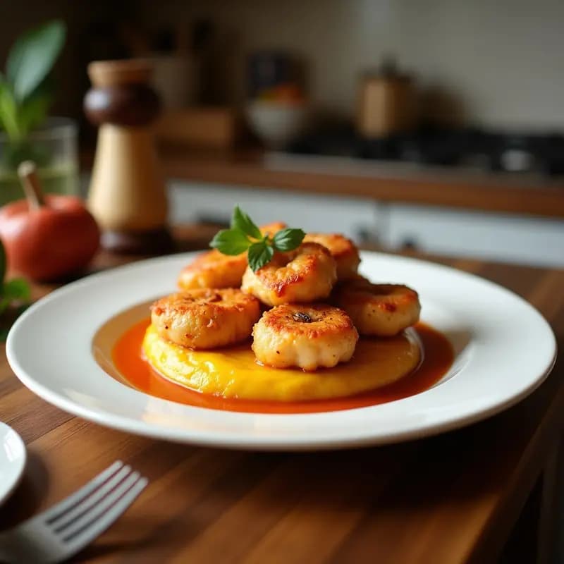 Brochetas de pulpo doradas en adobo de pimentón y miel servidas sobre un puré de patata dulce cremoso, decoradas con perejil fresco y un chorrito de aceite de oliva, receta española en airfryer.