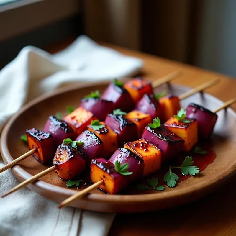 Brochetas doradas de pulpo y batata morada asadas, con vetas de pimentón de la Vera, servidas en plato de madera rústico con perejil fresco espolvoreado. Receta gallego-andina tradicional.