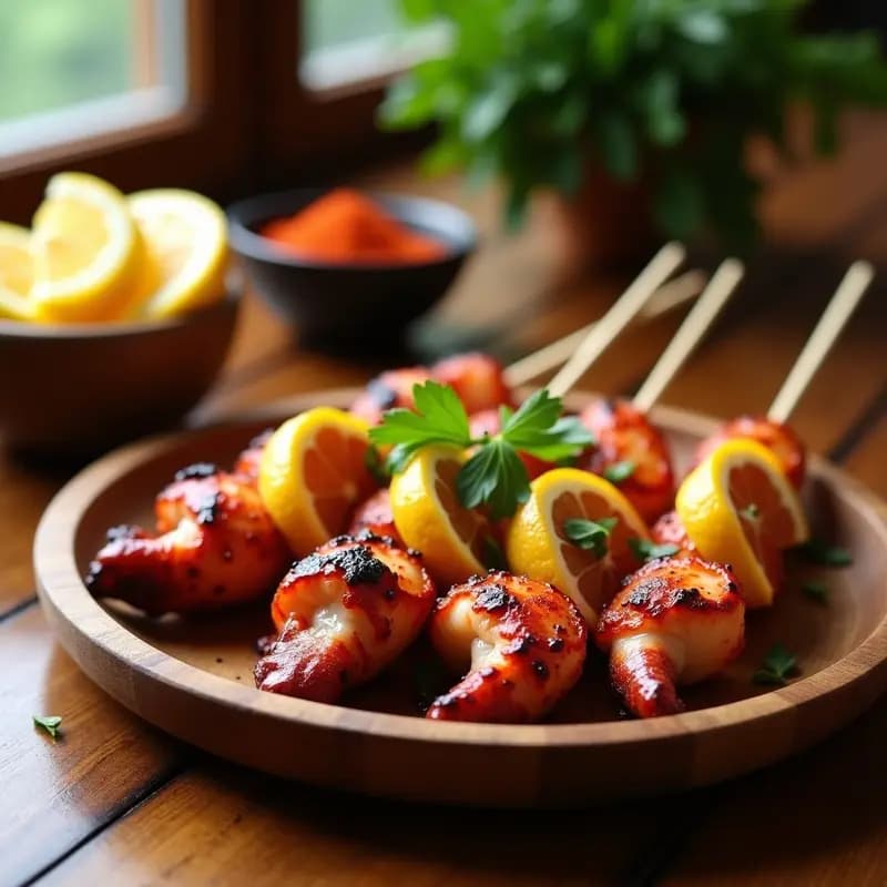 Brochetas de pulpo y limón con pimentón de la Vera servidas en plato de madera, con rodajas de limón doradas y perejil fresco, aperitivo español en grill.