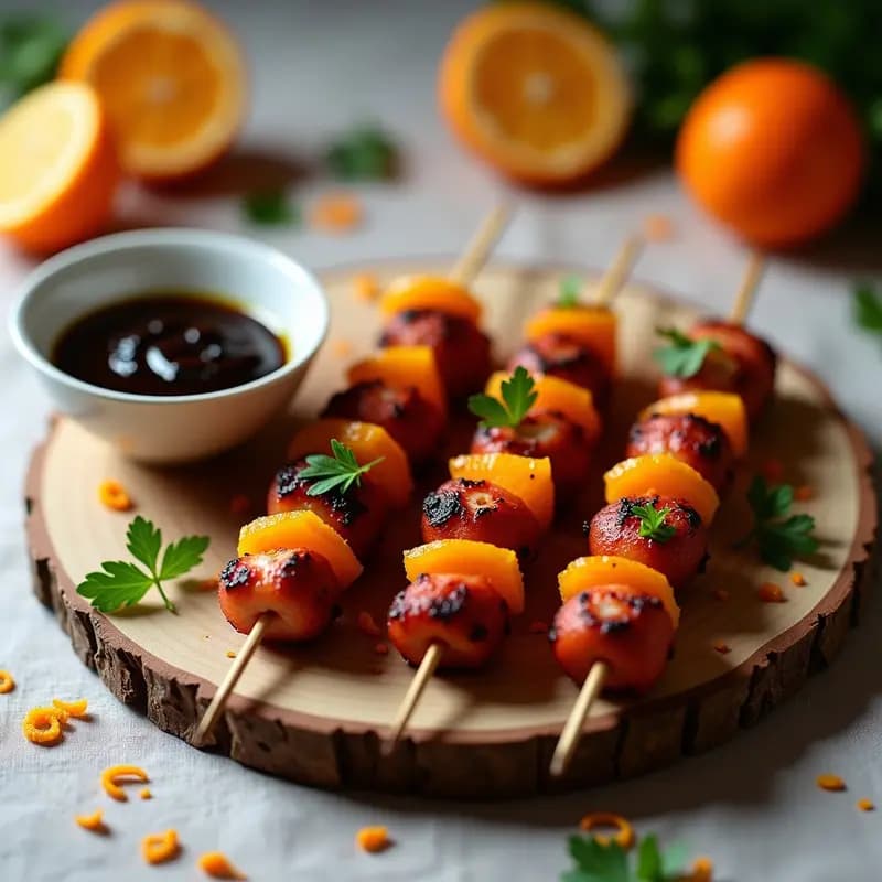 Brochetas de pulpo tierno y trozos jugosos de mandarina asadas en airfryer, servidas sobre una tabla de madera rústica con un cuenco de alioli de ajo negro cremoso y perejil fresco. Receta española con toque cítrico.