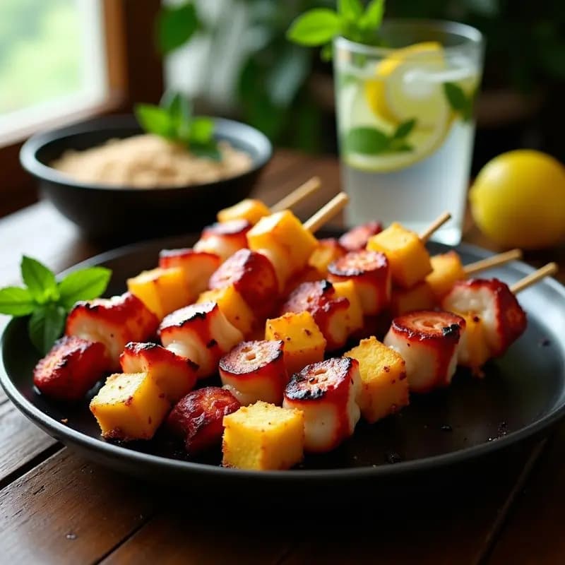Brochetas doradas de pulpo y yuca en palillos de madera, servidas con un cuenco de mojito de hierbabuena verde brillante y rodajas de limón, sobre un plato de cerámica negra con fondo rústico de madera.