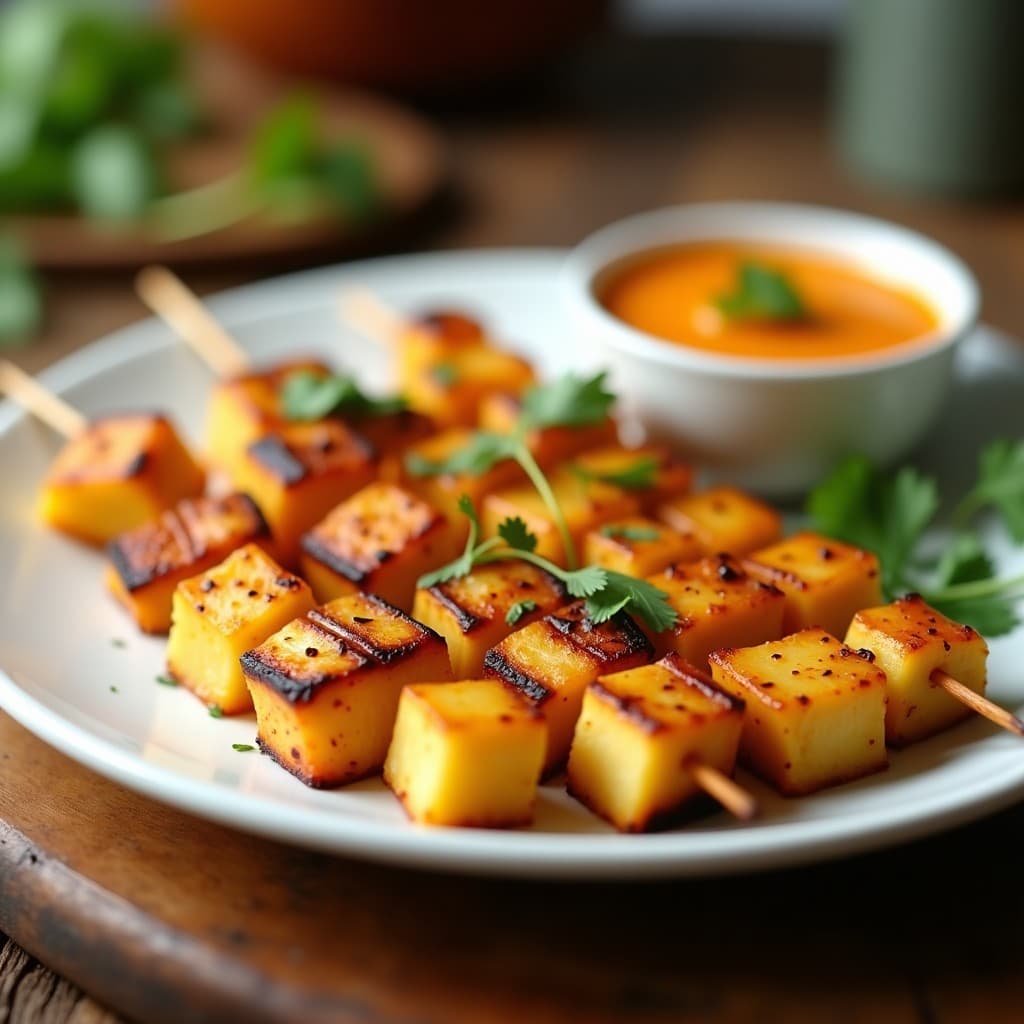 Brochetas doradas de queso paneer y piña asada en airfryer, servidas sobre plato blanco con salsa espesa de mango y cilantro fresco al lado. Receta indo-caribeña fácil y alta en proteína.