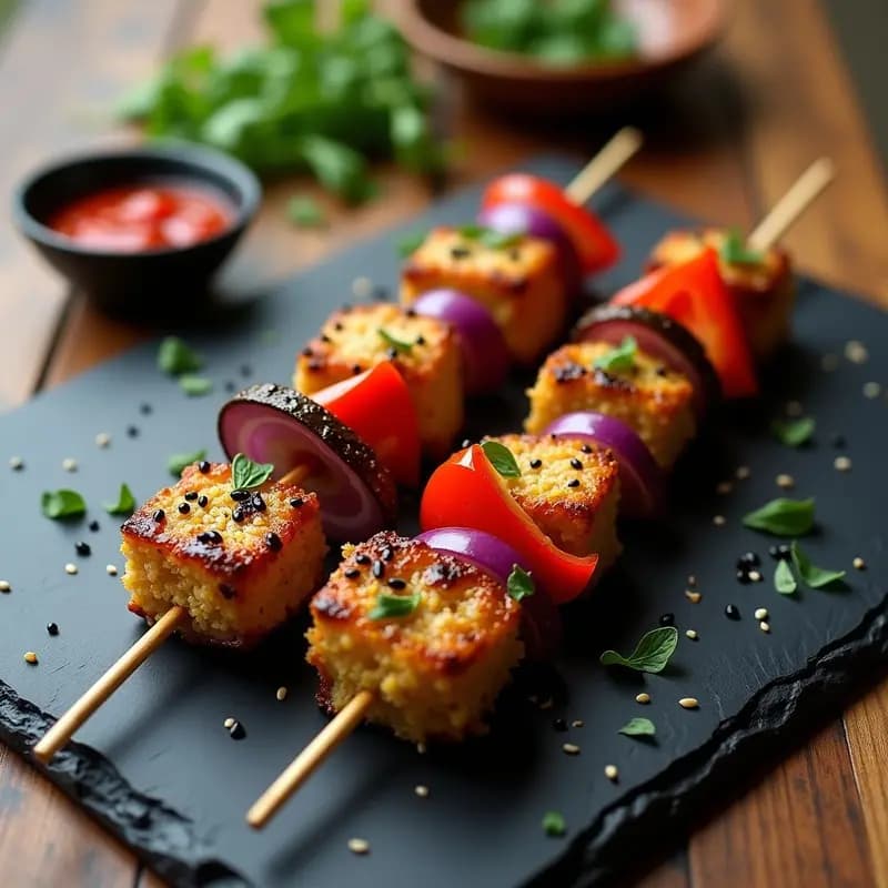 Brochetas doradas de quinoa y champiñones portobello con glaseado de miso brillante, servidas sobre un plato negro con semillas de sésamo y decoración de hierbas frescas. Receta vegana en Airfryer.