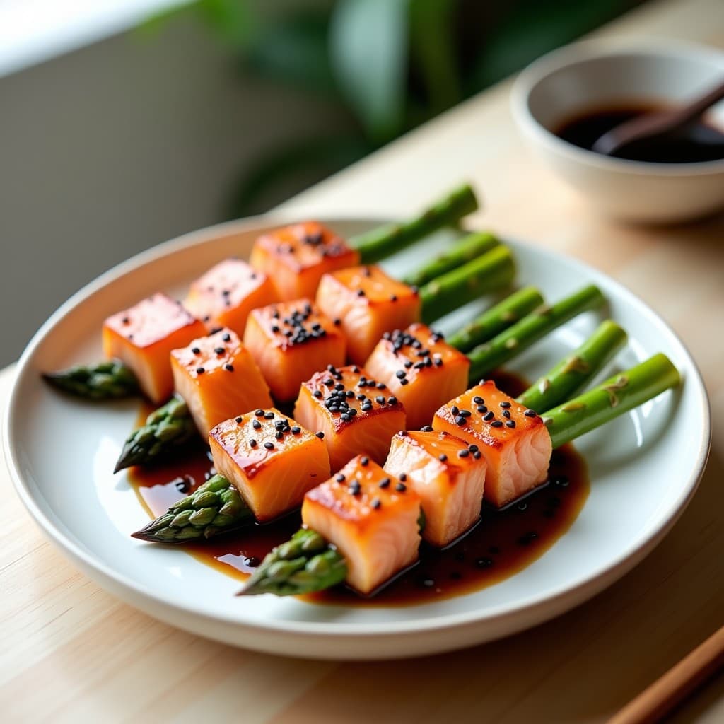 Brochetas de salmón rosado y espárragos verdes asados en airfryer, servidas en plato blanco con salsa de sésamo negro cremosa y semillas de sésamo esparcidas. Receta japonesa saludable y crujiente.