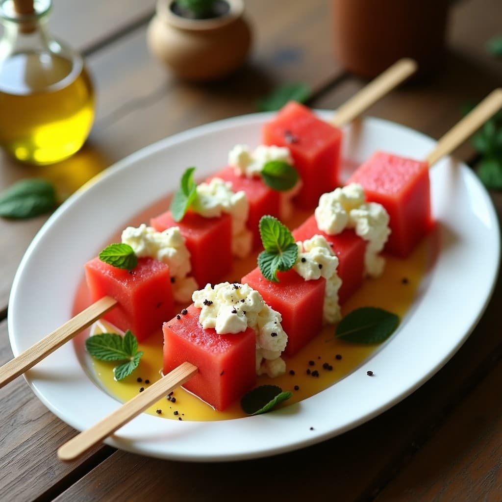 Brochetas de sandía y queso feta en palillos de bambú, dispuestas en una fuente blanca con vinagreta de menta y hojas frescas. Plato griego refrescante y colorido, ideal para verano.