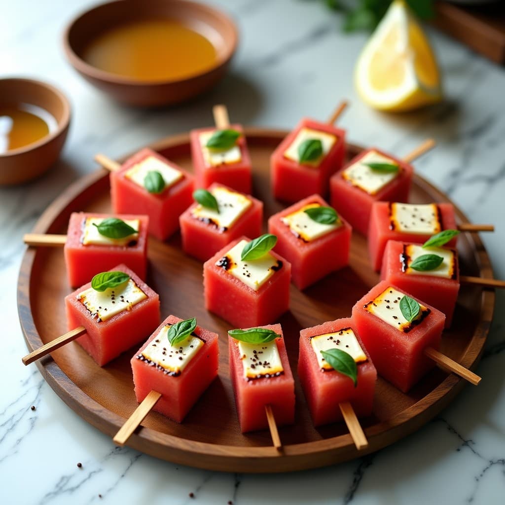 Brochetas de sandía y queso feta al horno sobre bandeja rústica de madera, con queso dorado, almendras tostadas y hojas de menta fresca, aperitivo refrescante y crujiente.