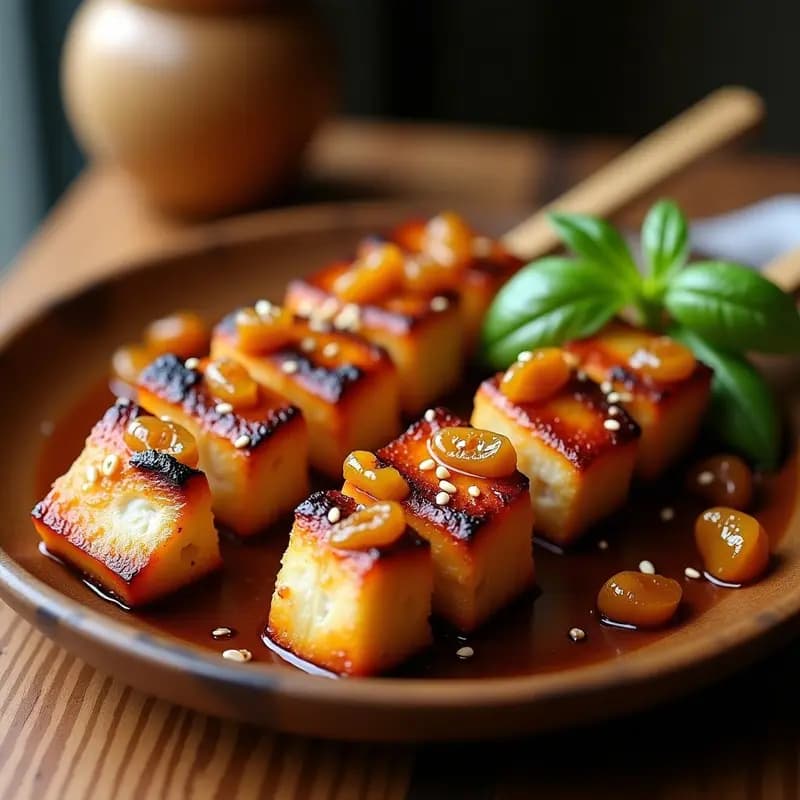 Brochetas de sarde en saor con cebolla caramelizada servidas en plato de madera rústico, con trozos de pescado dorado y cebolla morada brillante, acompañadas de un chorrito de marinado y pasas. Receta venezolana dulce-salada.