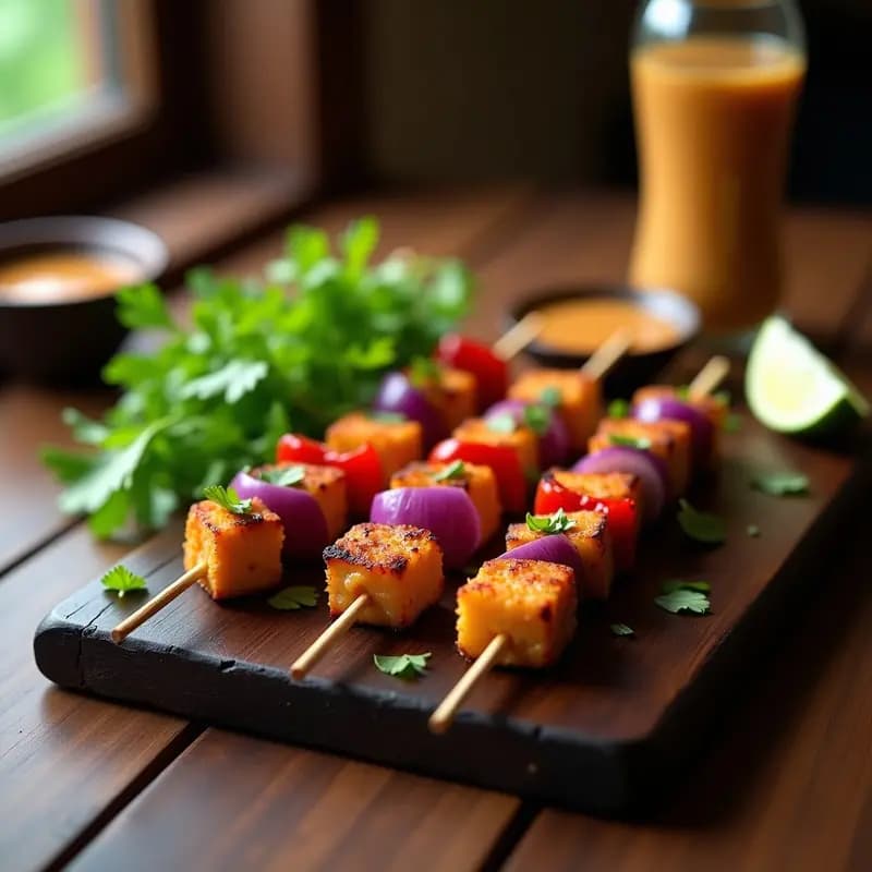 Brochetas de satisfaction doradas y crujientes en palillos de bambú, con trozos de cebolla morada y pimiento rojo, acompañadas de salsa peanut cremosa y cilantro fresco. Plato indonesio vegano servido sobre un fondo de madera rústica.