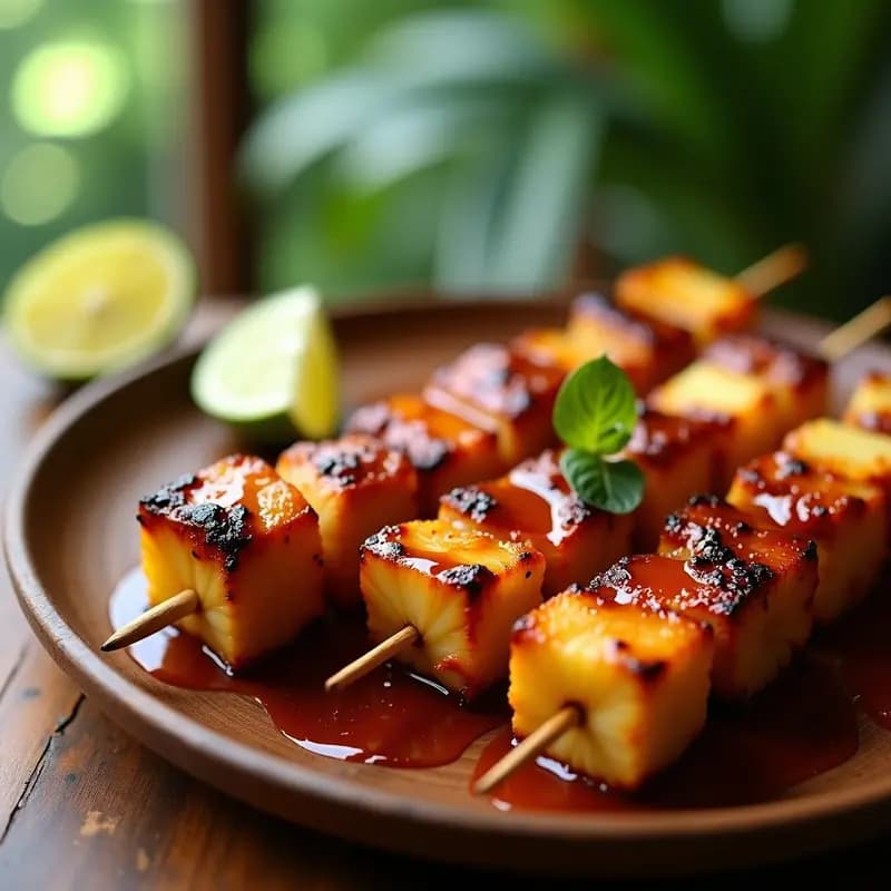 Brochetas de solomillo de cerdo y piña doradas en grill, con trozos de cebolla morada y pimiento rojo, servidas en plato de madera con salsa barbecue hawaiana espesa y rodaja de limón.