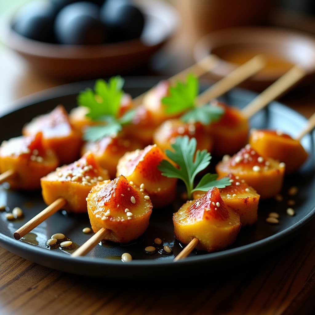 Brochetas de tempeh dorado y higos frescos caramelizados en palillos de madera, glaseadas con miel de agave, decoradas con semillas de sésamo y cilantro fresco sobre un plato de cerámica negra, receta indonésica en airfryer.