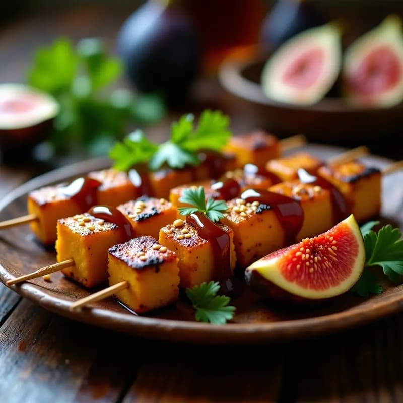 Brochetas de tempeh dorado y higos frescos a la parrilla, servidas en plato de madera con salsa de tamarindo espesa y semillas de sésamo. Aperitivo indonesio vegano con toque ahumado.