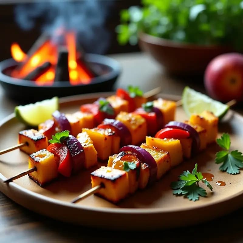 Brochetas de tempeh ahumado y melocotón con glaseado de sirope de agave asadas a la parrilla, con trozos dorados y brillantes sobre un fondo de carbones humeantes.
