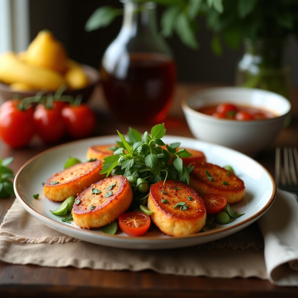 Brochetas de tempeh dorado y vegetales asados a la parrilla (pimiento rojo, cebolla morada, calabacín y champiñones portobello) servidas en un plato de madera con salsa de cacahuete cremosa y decoradas con cilantro fresco y rodajas de lima, receta indonesia vegana.