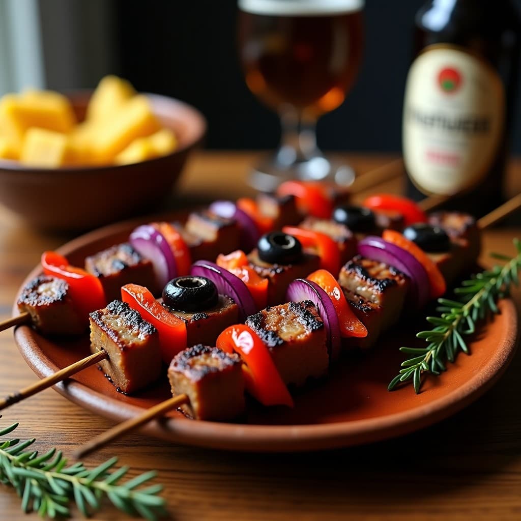 Brochetas de ternera marinhada en cerveza negra y miel a la parrilla, con trozos de cebolla morada, pimiento rojo asado y aceitunas negras, servidas en una fuente de barro rústica con fondo de parrilla humeante.