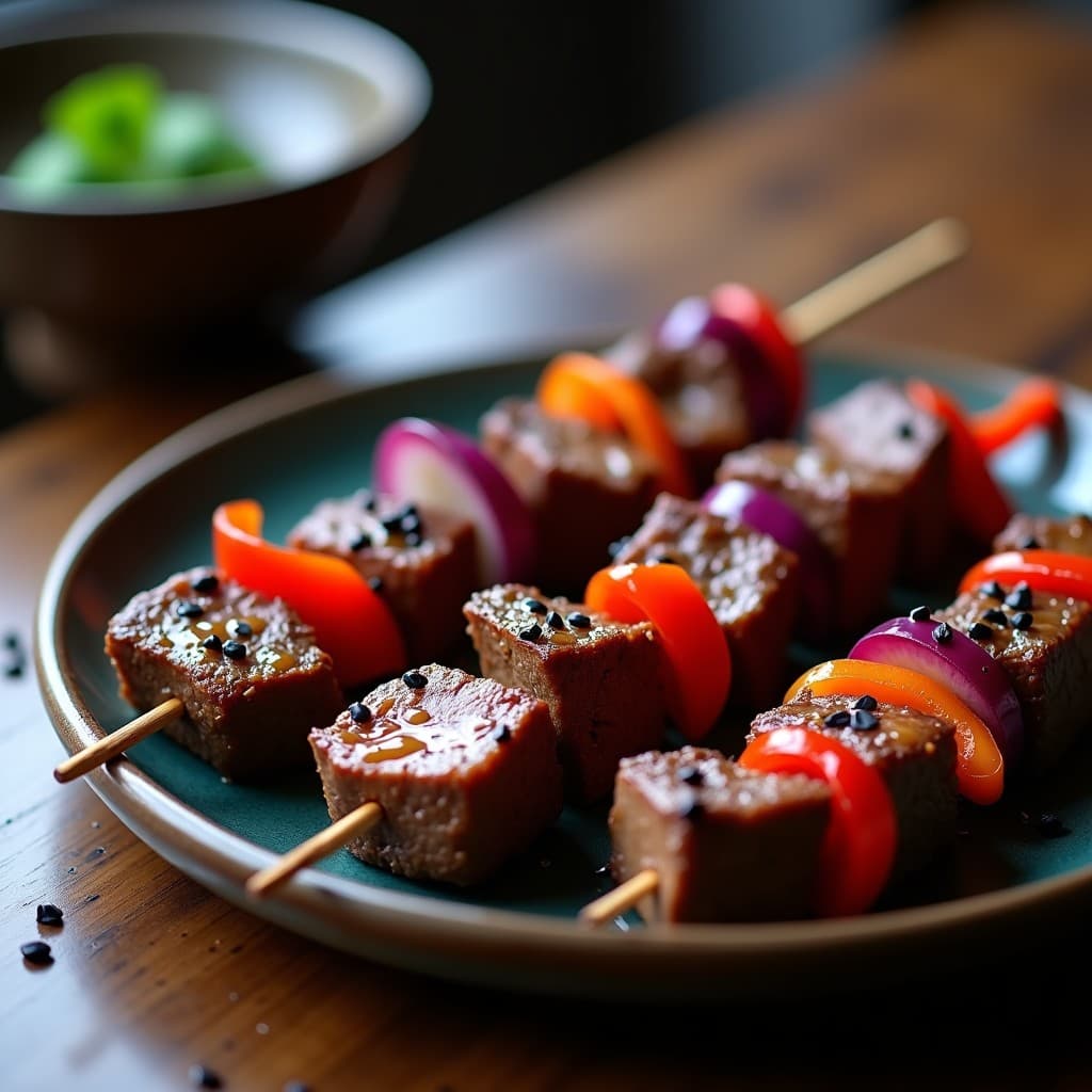 Brochetas de ternera doradas al grill con trozos de cebolla morada y pimiento rojo, brillantes por la marinada de kimchi y miel, espolvoreadas con semillas de sésamo negro sobre un plato de cerámica oscura con fondo de madera rústica.