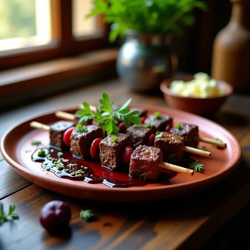 Brochetas de ternera doradas y jugosas en parrilla, con trozos de pimiento asado, servidas sobre salsa espesa de ciruelas pasas oscuras en plato de barro, decoradas con hierbas frescas y un toque de miel brillante.