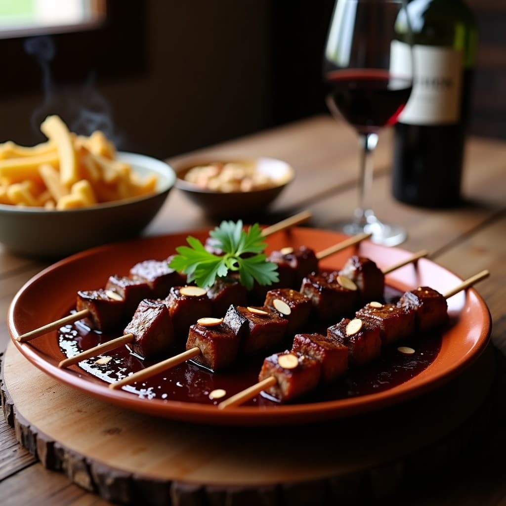 Brochetas de ternera doradas en salsa espesa de ciruelas y vino Porto, servidas en plato de barro con almendras tostadas y perejil fresco, receta portuguesa en olla lenta.