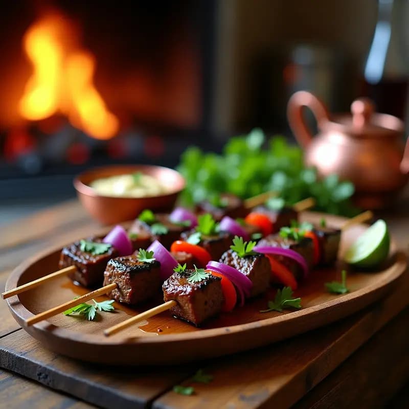 Brochetas de ternera satay indonesia asadas a la barbacoa, con trozos dorados y jugosos, servidas en plato de madera con salsa de cacahuete espesa y cremosa, decoradas con cilantro fresco y rodajas de limón, sobre fondo de brasas y hojas de plátano.
