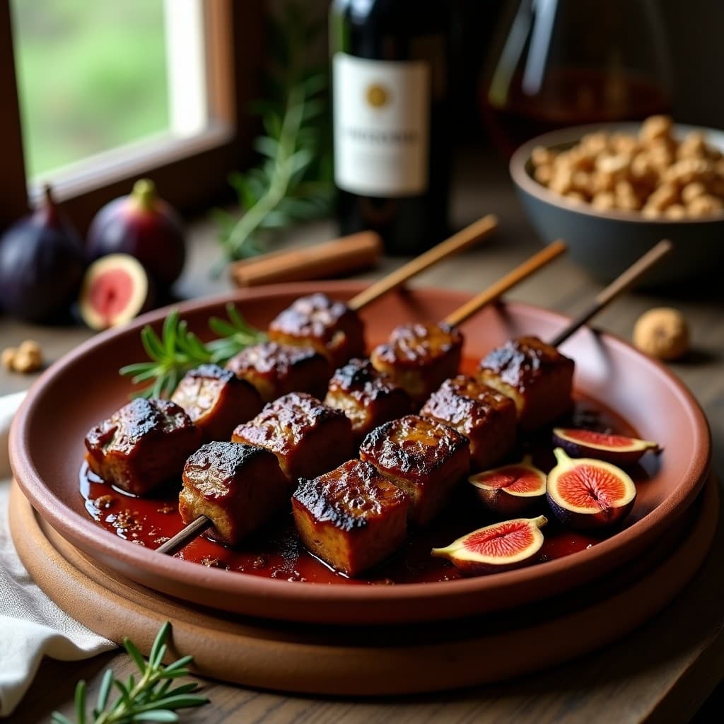 Brochetas de ternera mariada en vino Porto con higos frescos asados al grill, dispuestas en una fuente de barro rústica. La carne presenta un color dorado intenso con vetas caramelizadas, y los higos, abiertos por la mitad, muestran su interior jugoso y brillo natural. Al fondo, una botella de vino Porto y hojas de laurel como decoración. Receta portuguesa tradicional.
