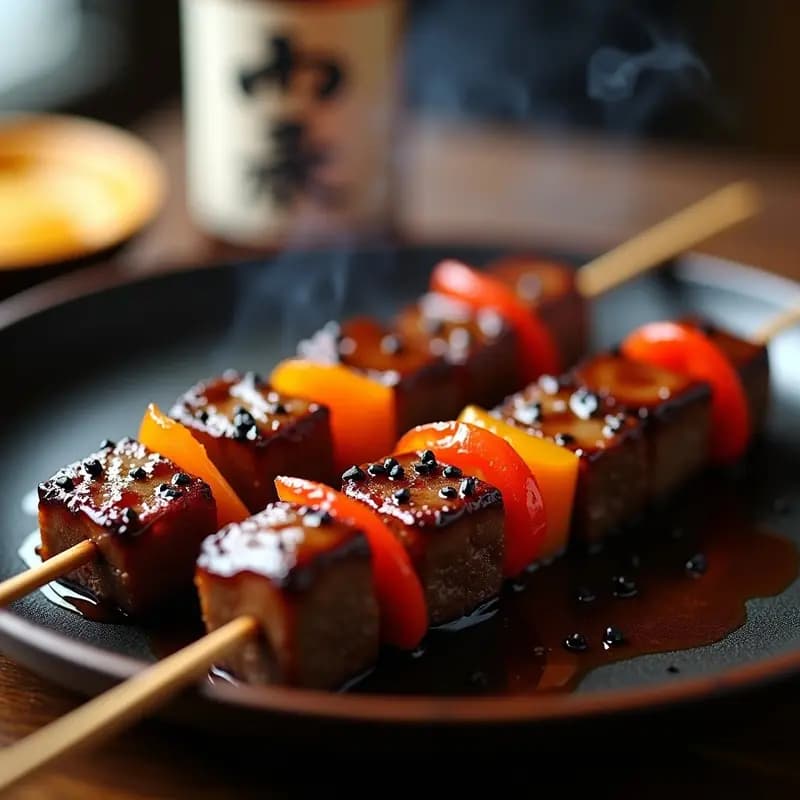 Brochetas de ternera yakitori perfectamente caramelizadas con glaseado de sake y miel, alternadas con trozos de cebolla morada y pimiento rojo, servidas sobre una parrilla de hierro con semillas de sésamo espolvoreadas y un fondo de humo ligero.