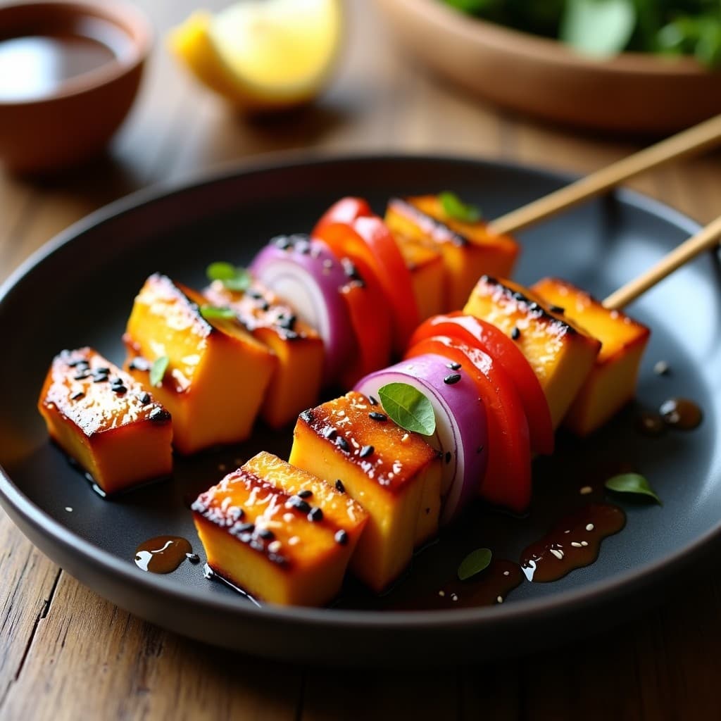 Brochetas de Tofu Ahumado y Durazno con Glaseado de Miel y Soya: Receta Fusion Corea-Japón