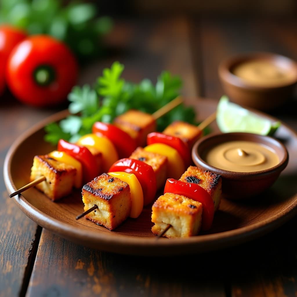 Brochetas de tofu marinado dorado y trozos de pimiento rojo y amarillo asados, servidas en plato blanco con salsa de cacahuete cremosa en un bol pequeño, decoradas con semillas de sésamo. Receta en Airfryer con toque umami y vegana.