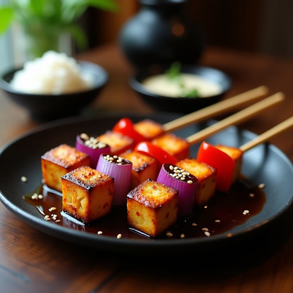 Brochetas de tofu dorado marinado en miso con glaseado teriyaki brillante, alternando con trozos de cebolla morada y pimiento rojo, servidas en un plato de cerámica negra con semillas de sésamo espolvoreadas y fondo borroso de cocina japonesa.